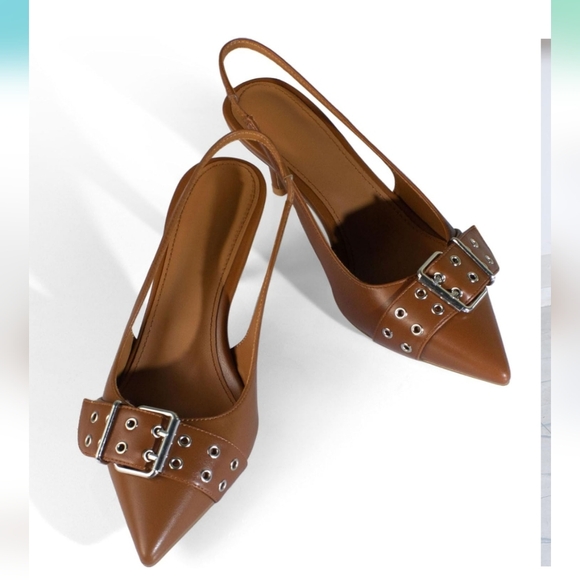 sarawill Shoes - Sarawill Brown Slingback Closed Toe Kitten Heel Dress Shoe.